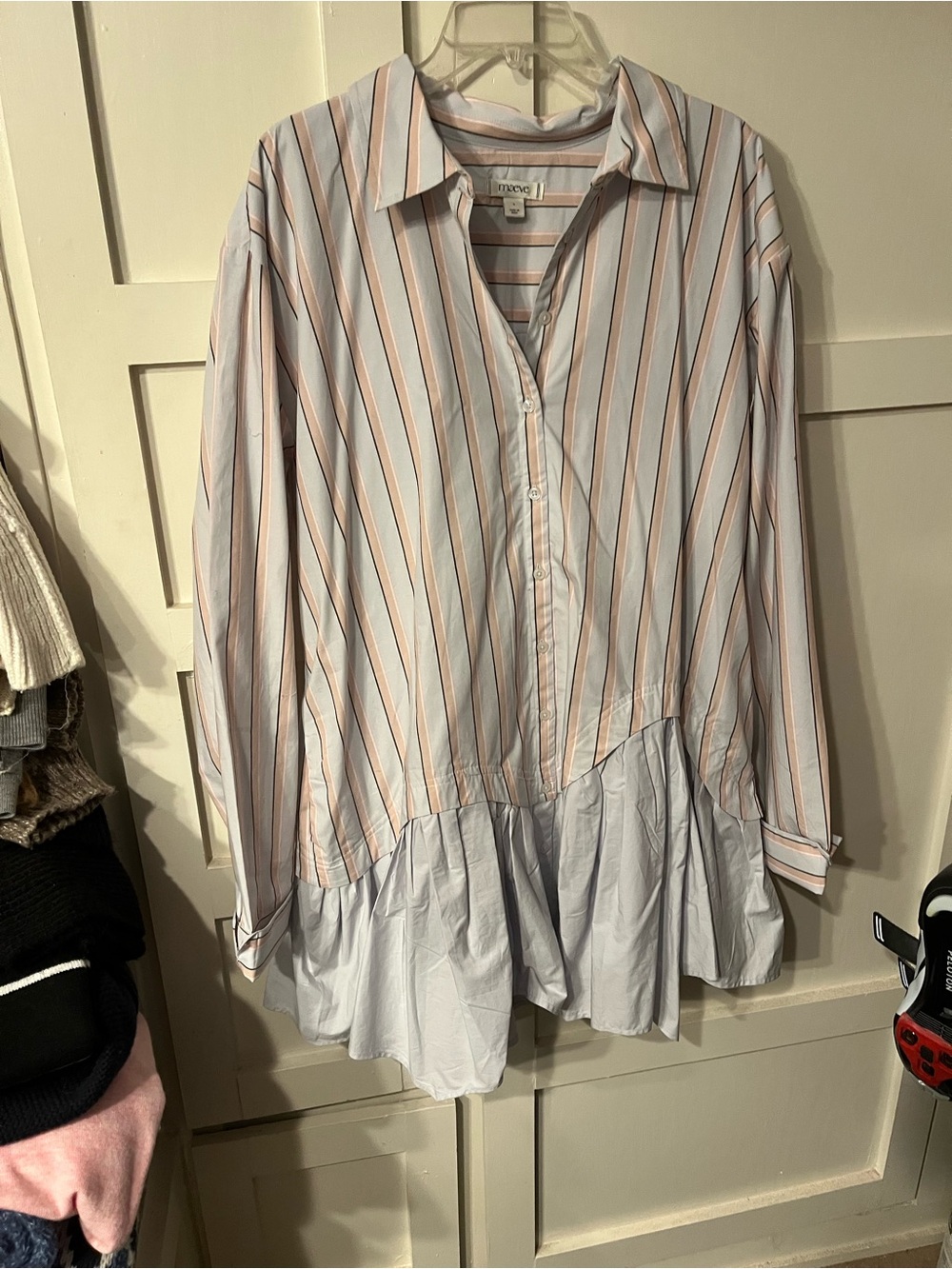 Maeve Oversized Striped Button-Up Shirt Dress in Light Blue and Peach